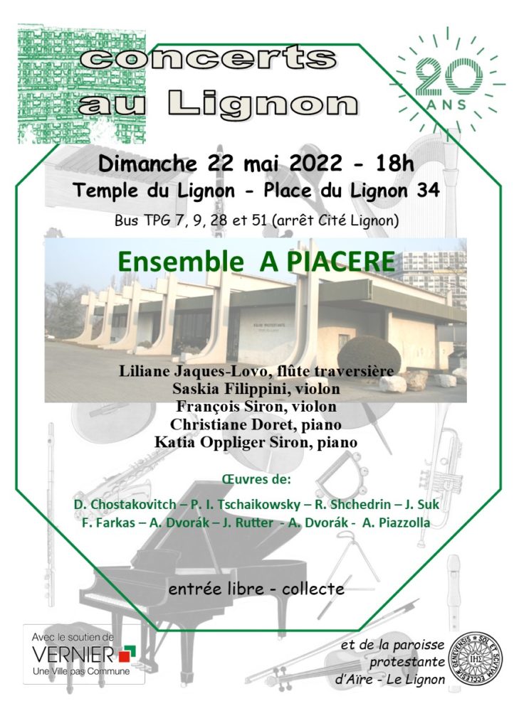 22 mai 2022
Ensemble A Piacere
Liliane Jaques flûte
Saskia Filippini violon
François Siron violon
Christiane Doret piano
Katia Oppliger Siron piano