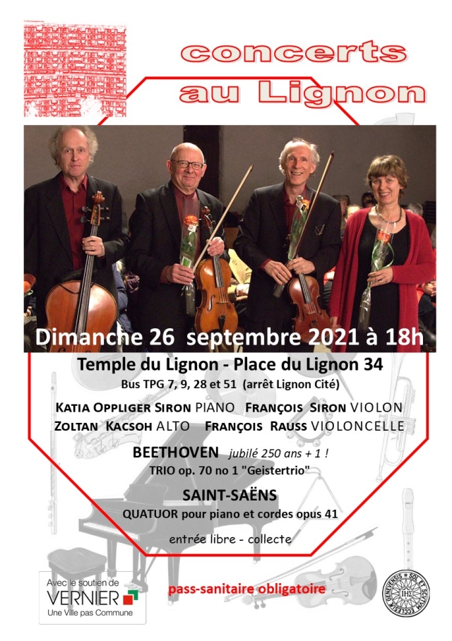 26 septembre 2021
Quatuor Siron
Katia Oppliger Siron piano
François Siron violon
Zoltan Kacsoh alto
François Rauss violoncelle