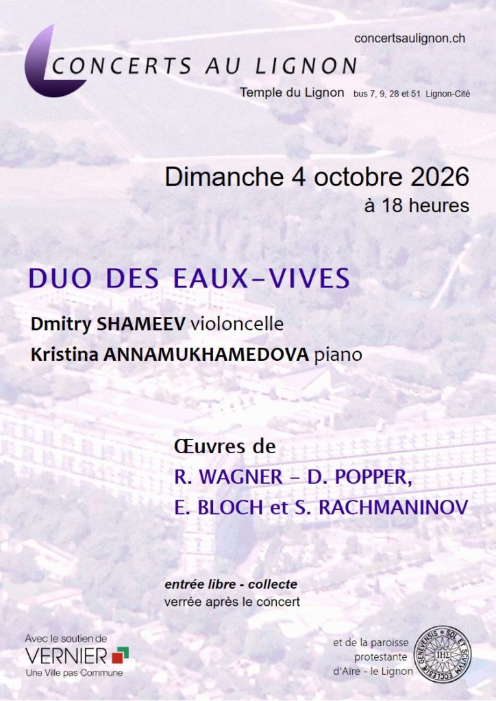 4 octobre 2026 DUO DES EAUX-VIVES Dmitry Shameev violoncelle, Kristina Annamukhamedova piano Œuvres de : R. Wagner - D. Popper, E. Bloch et S. Rachmaninov